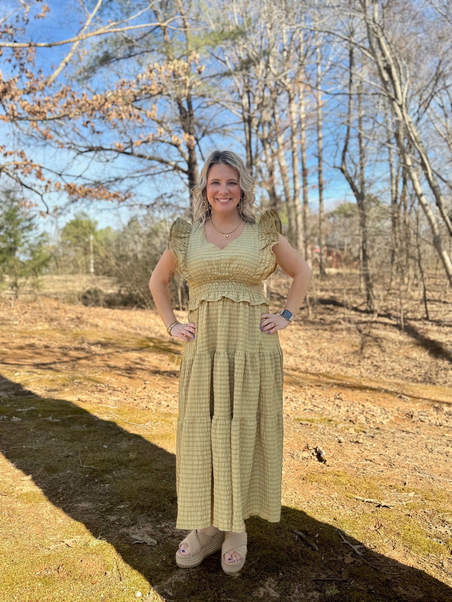 V-Neck Ruffle Midi Dress