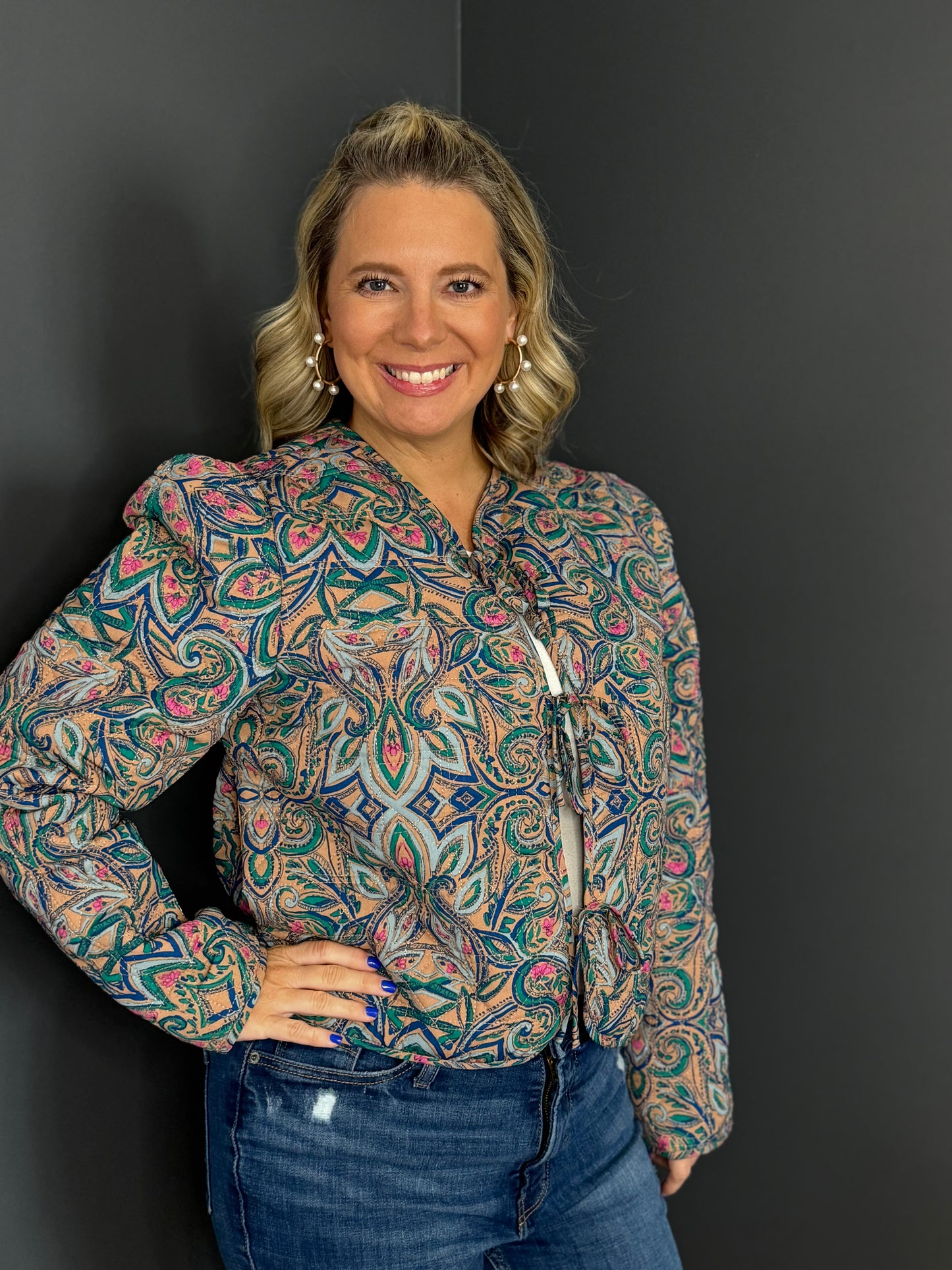 Quilted Print Jacket with Bow Tie Front
