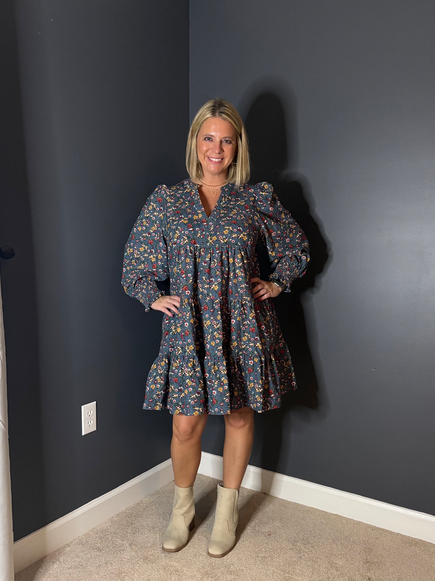 Corduroy Floral V-neck dress