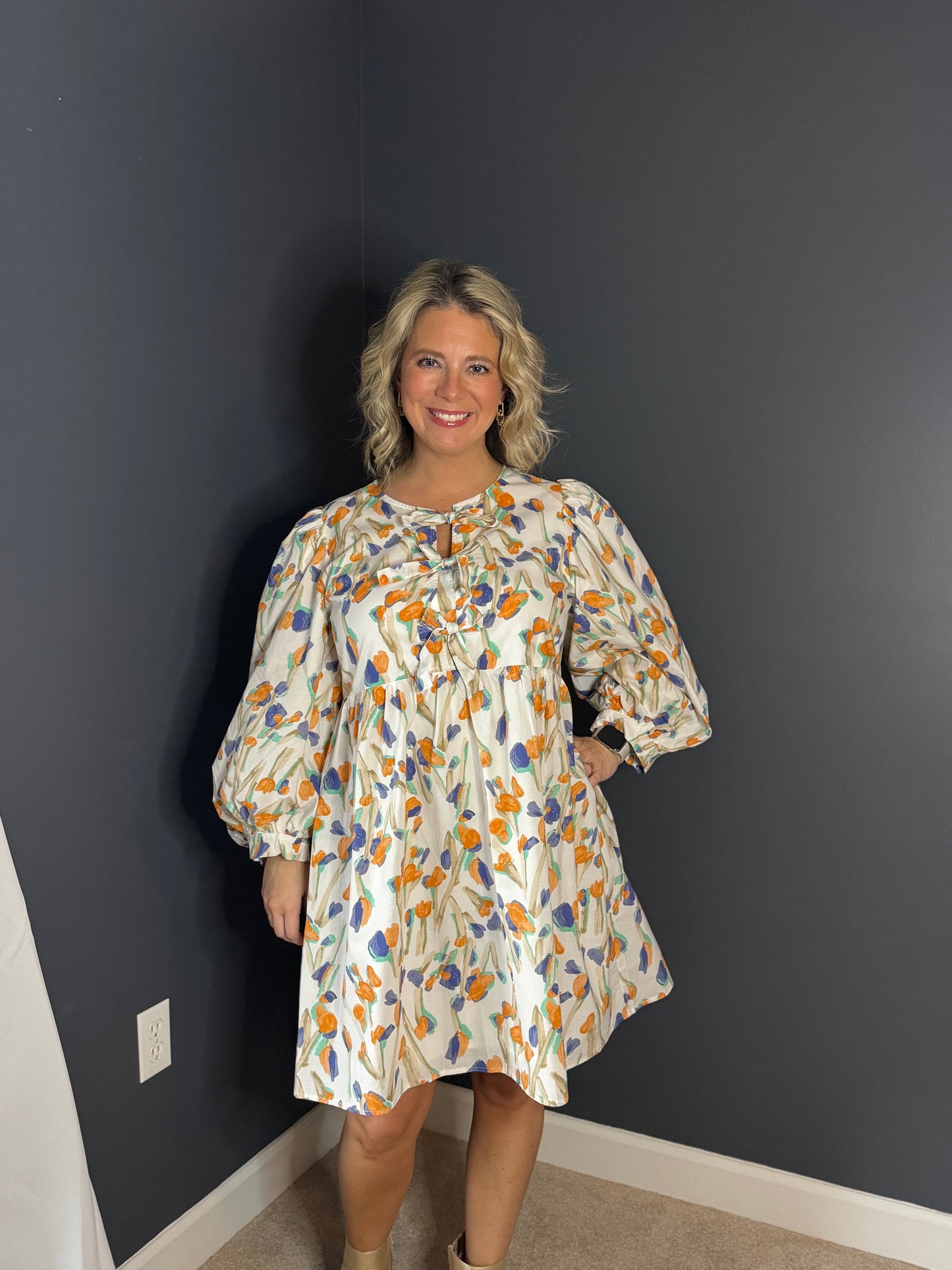 3/4 Sleeve Baby Doll Dress with Bow detail