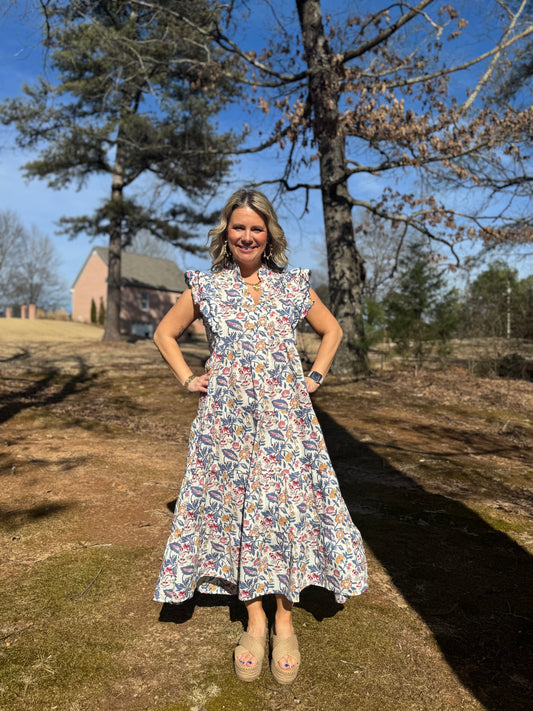 Floral Garden Print Tiered Midi Dress