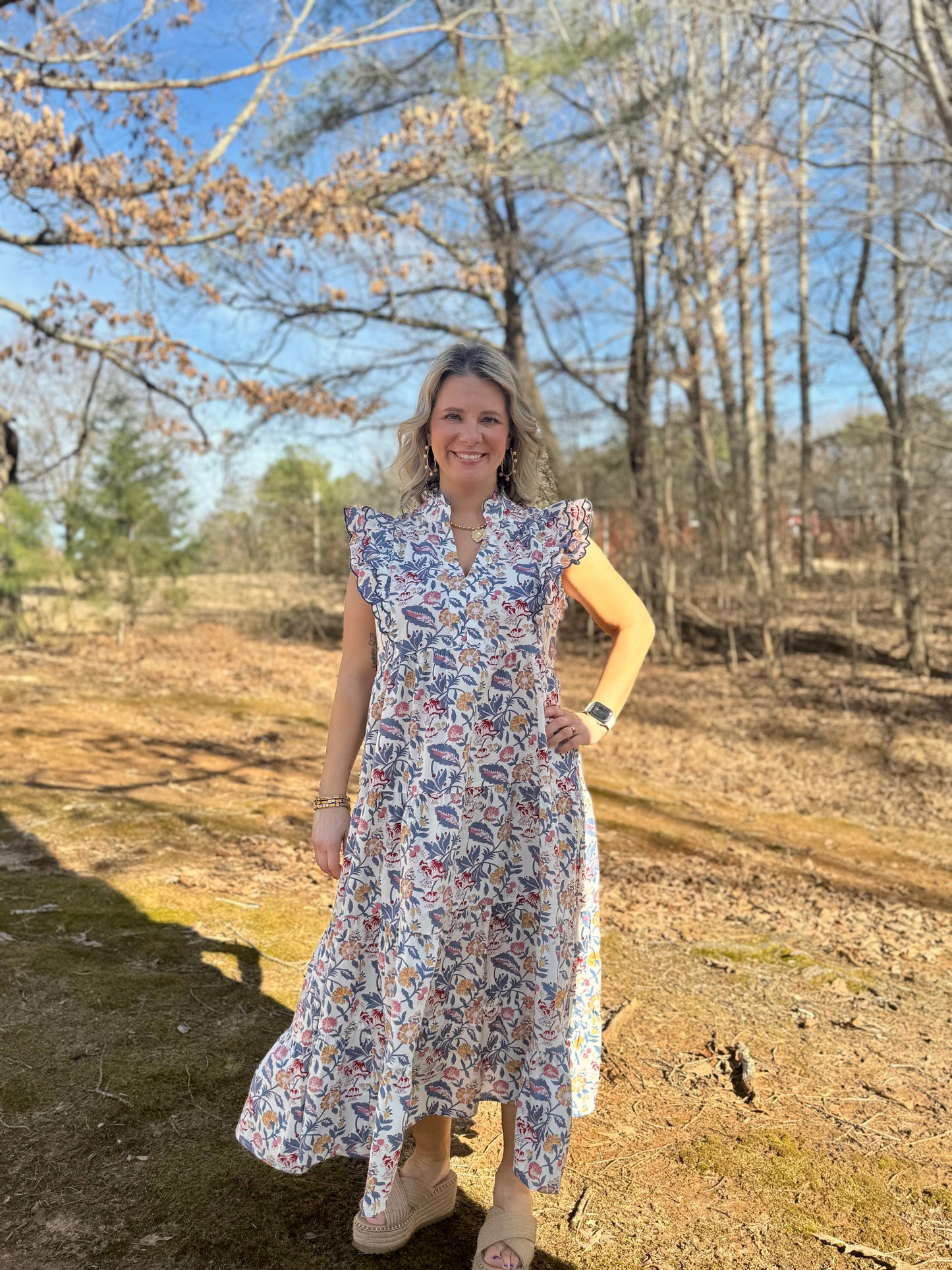 Floral Garden Print Tiered Midi Dress