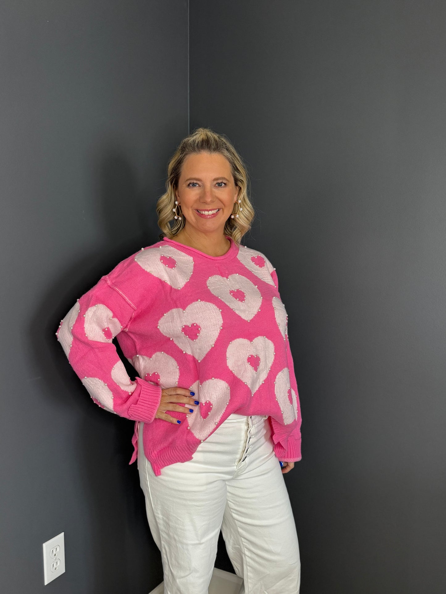 Beaded Heart Drop Shoulder Sweater