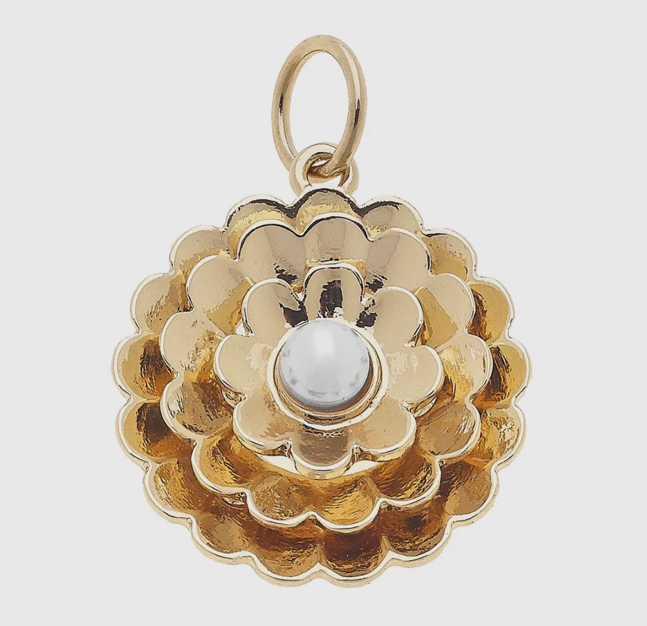 Layered pearl flower charm in shiny gold