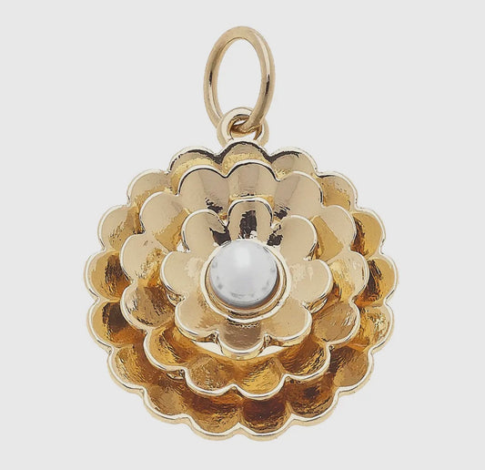 Layered pearl flower charm in shiny gold