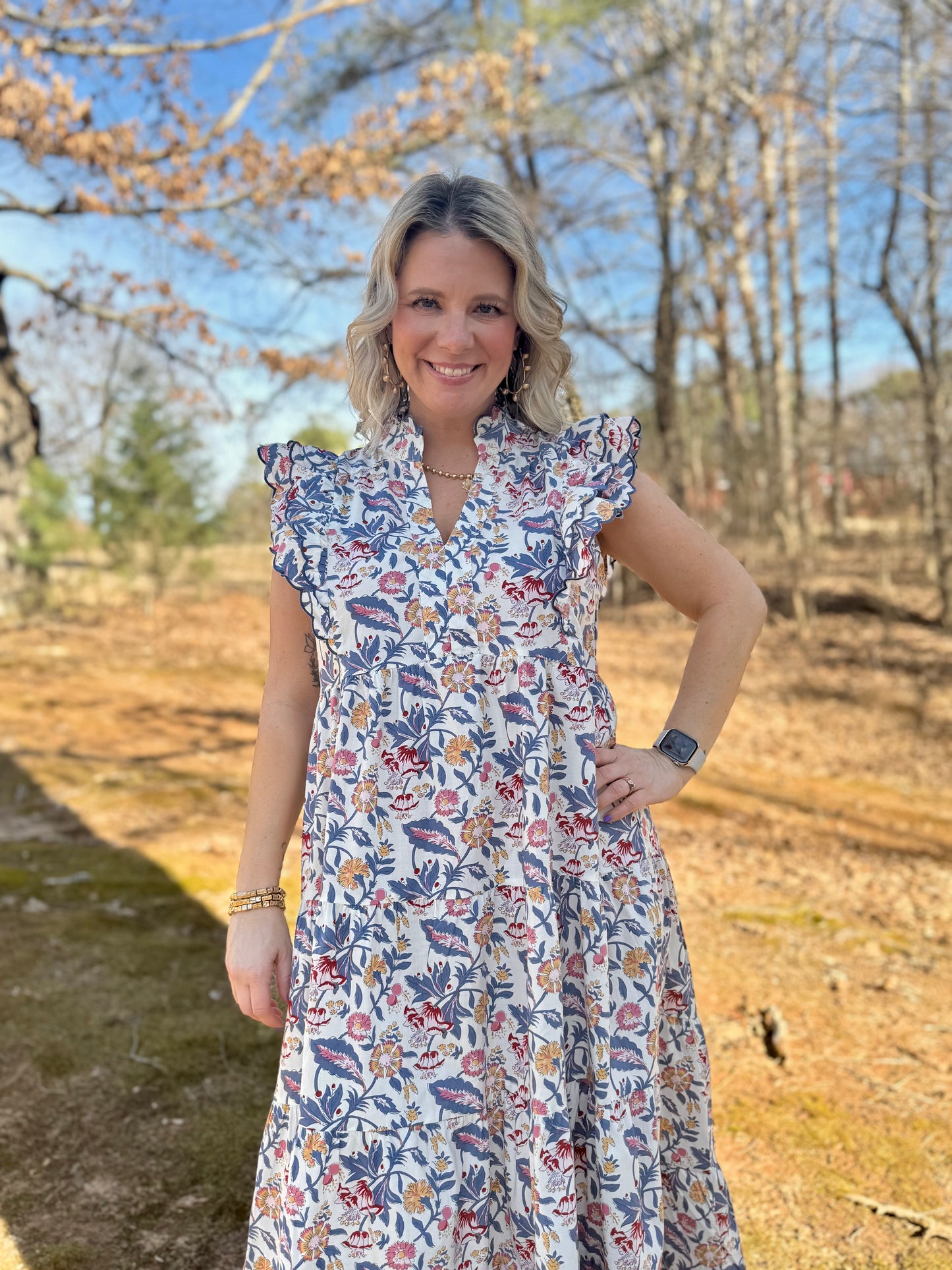 Floral Garden Print Tiered Midi Dress