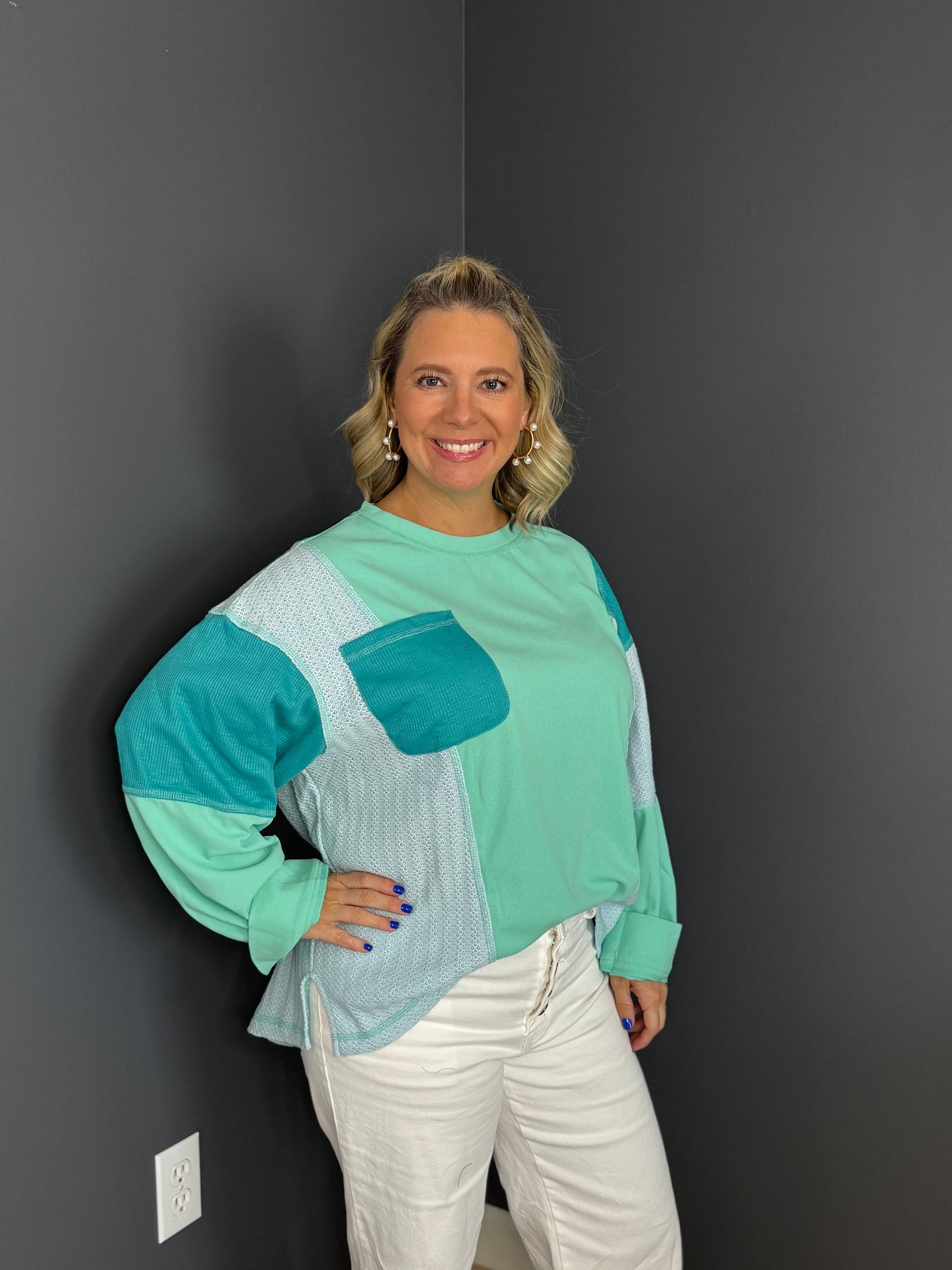 Color Block Textured LS Top