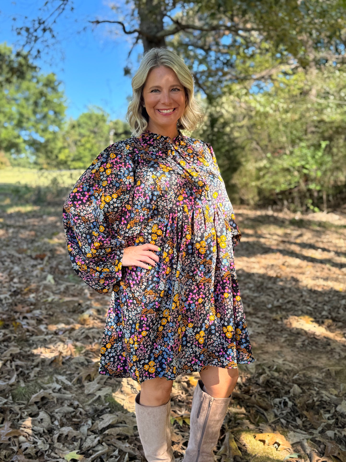 Black Floral Print Voluminous Dress