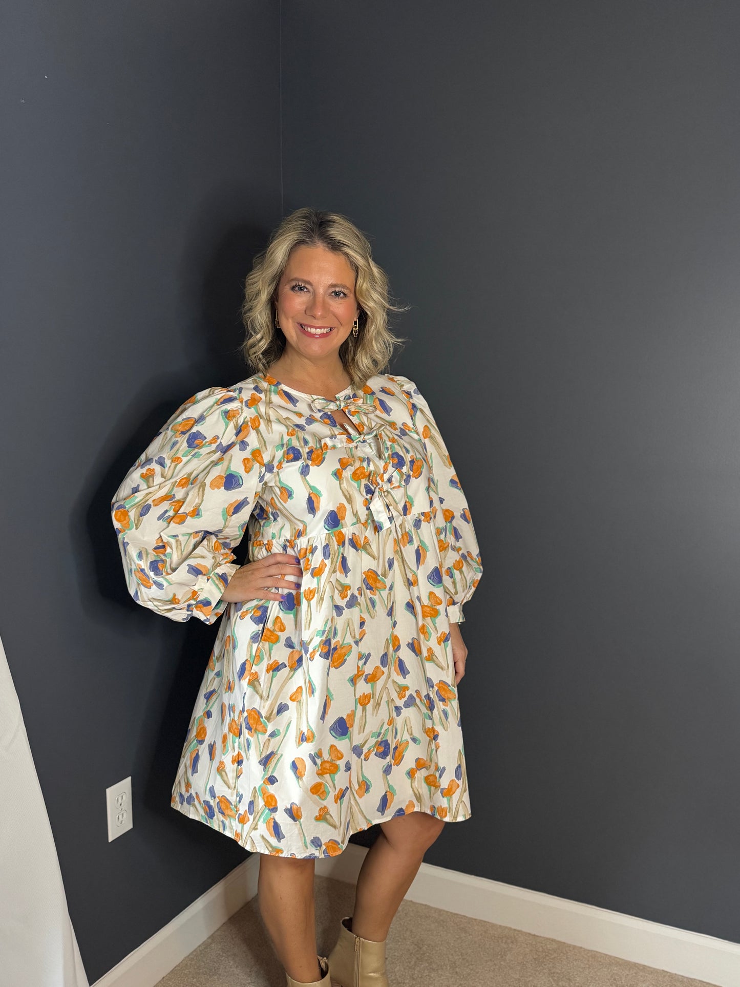 3/4 Sleeve Baby Doll Dress with Bow detail