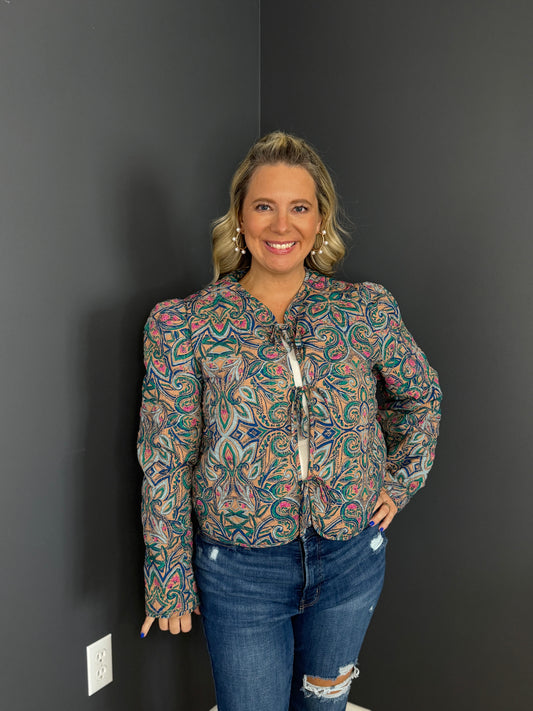 Quilted Print Jacket with Bow Tie Front