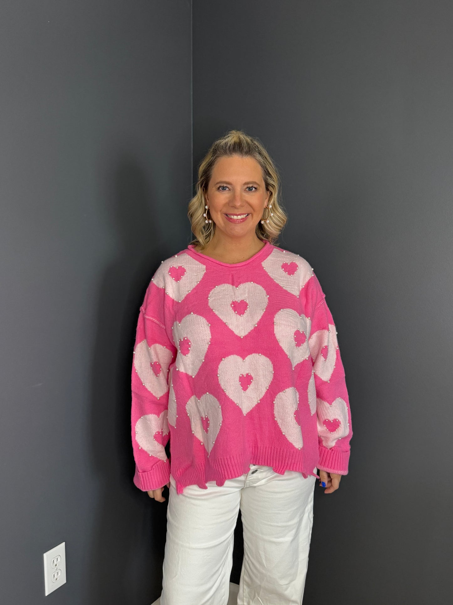 Beaded Heart Drop Shoulder Sweater