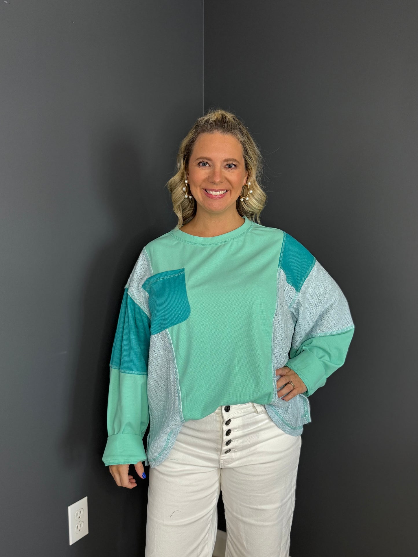 Color Block Textured LS Top