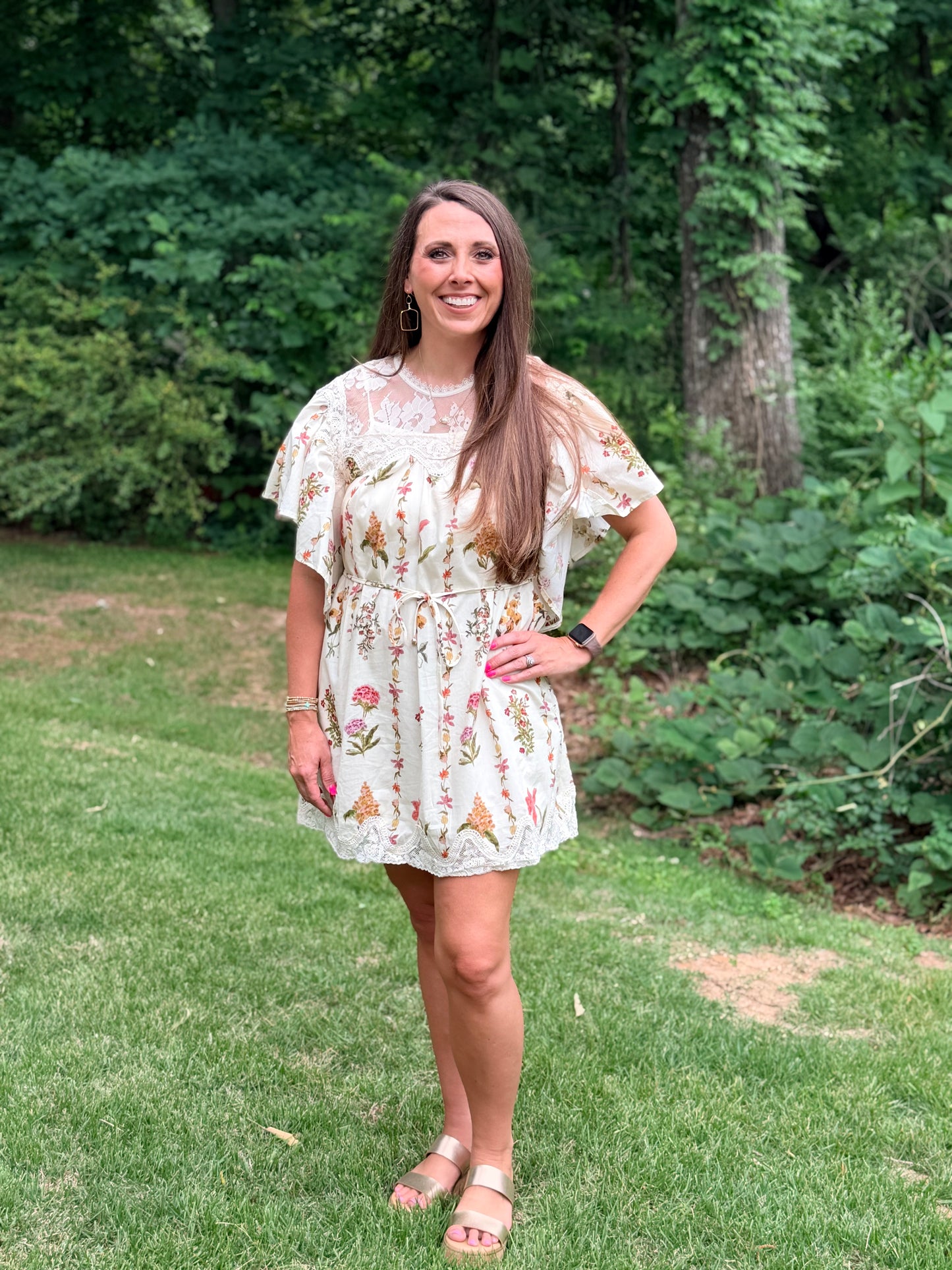 Entro Cream flower dress with lace detail