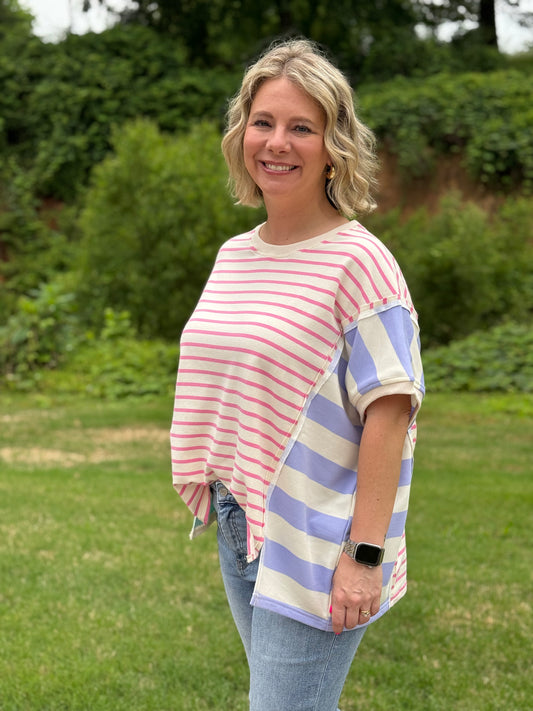 Stripe Mixed Loose Fit Top with Slit Detail